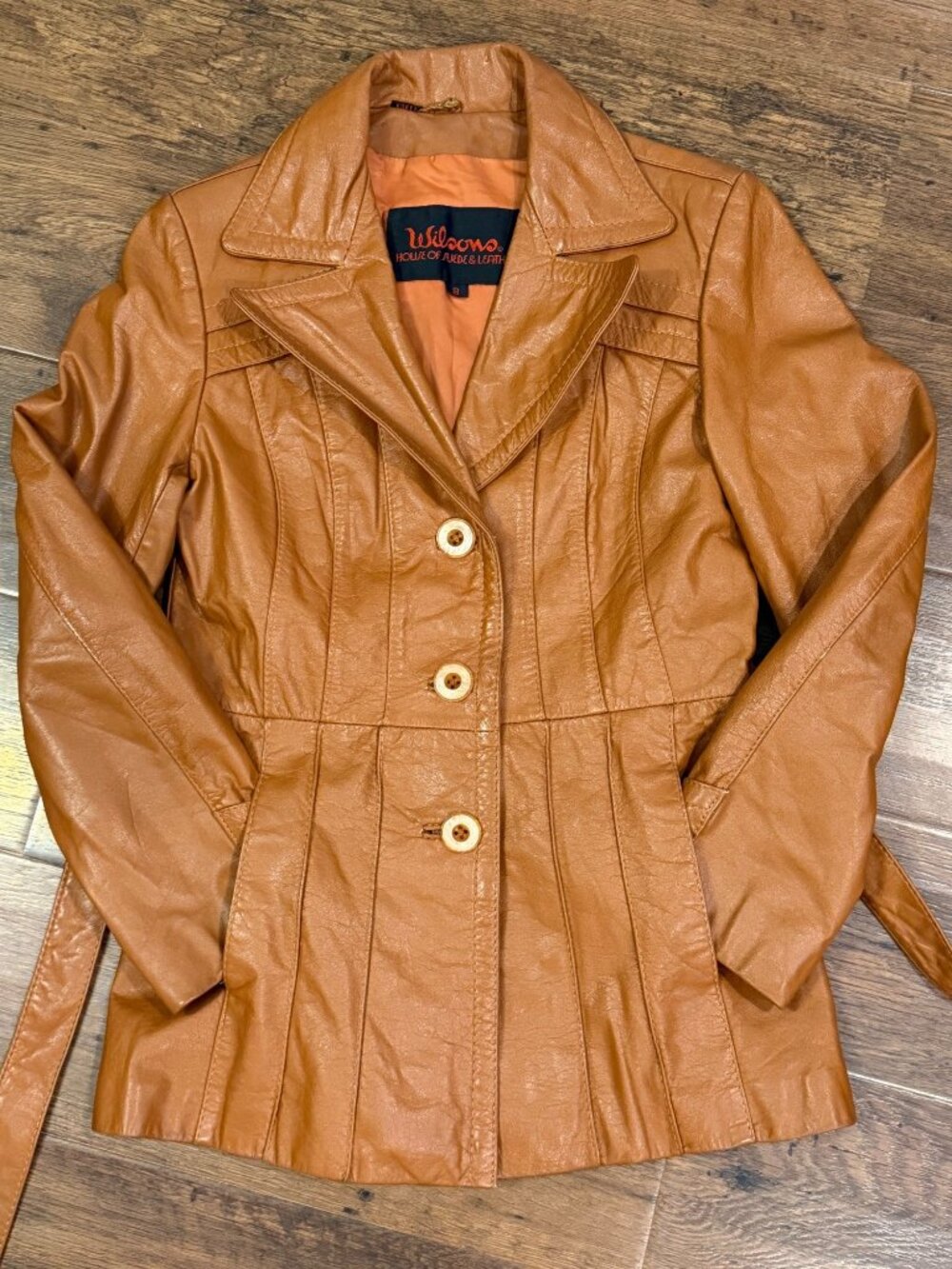 Vtg Wilsons Leather Belted Jacket Camel Brown Sz 8 - Picture 5 of 12